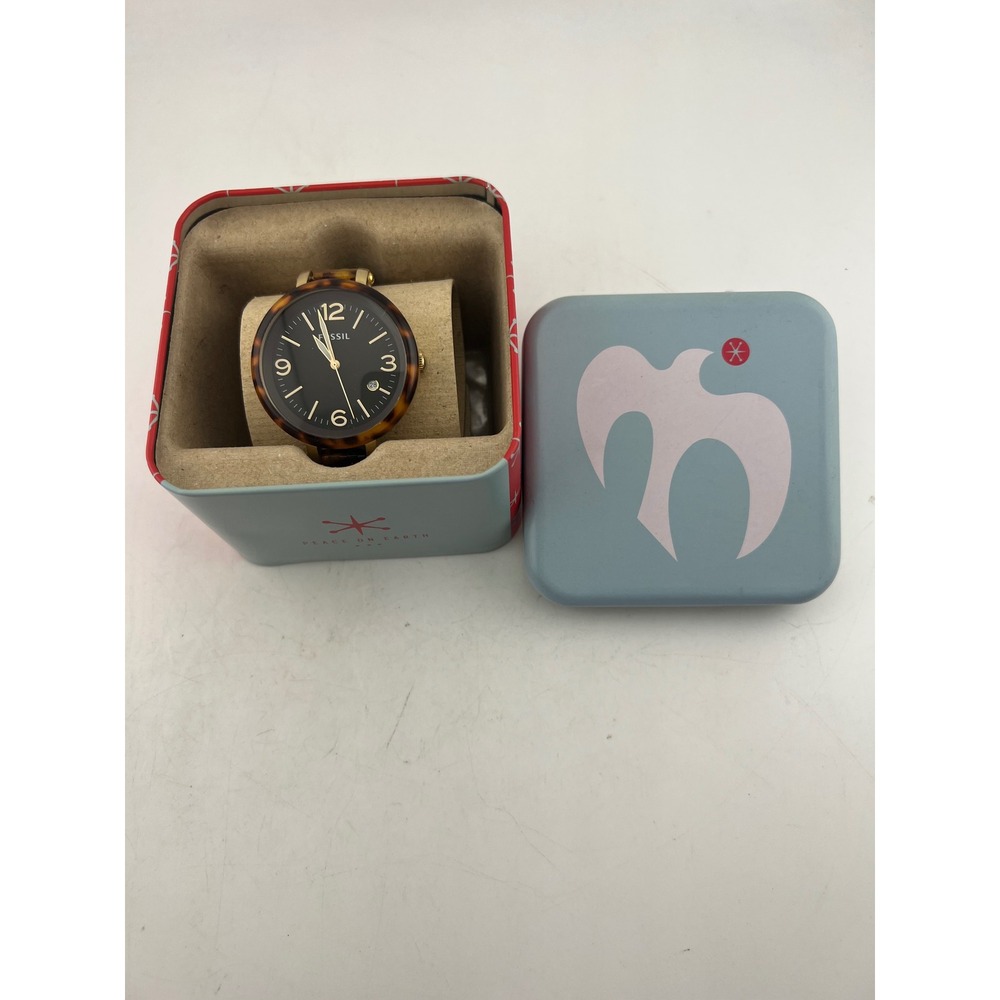 Fossil Nate Tortoise Shell Resin Watch JR1406 Gold Black Dial Box Extra Links